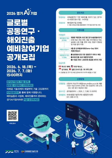 경기도·차세대융합기술연구원, ‘2026 경기 AI 기업 글로벌 공동연구·해외진출 지원사업’ 예비참여기업 모집